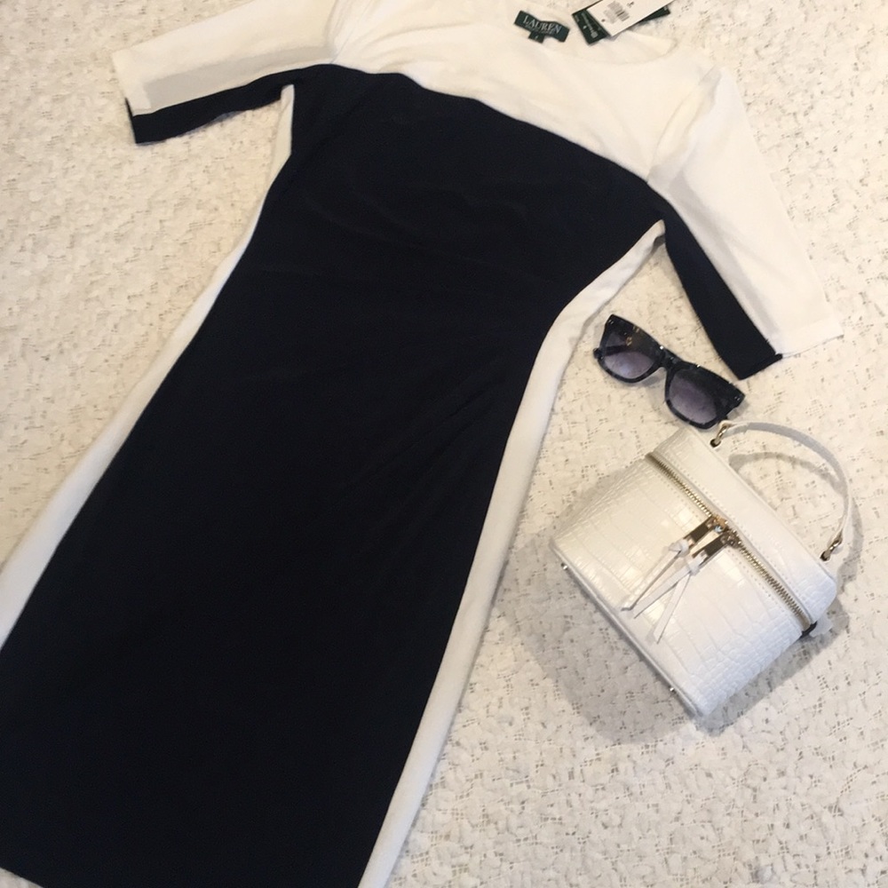 NWT Ralph Lauren Navy & White Body Con Lined w/Stretch Dress - Picture 15 of 15